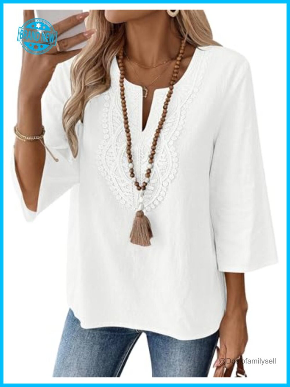 Womens Linen Cotton Blend 3/4 Sleeve V-Neck Top Loose Fit Tunic